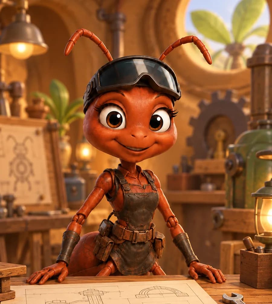 Ameisi plant in einer warmen Werkstatt ein Bauteil